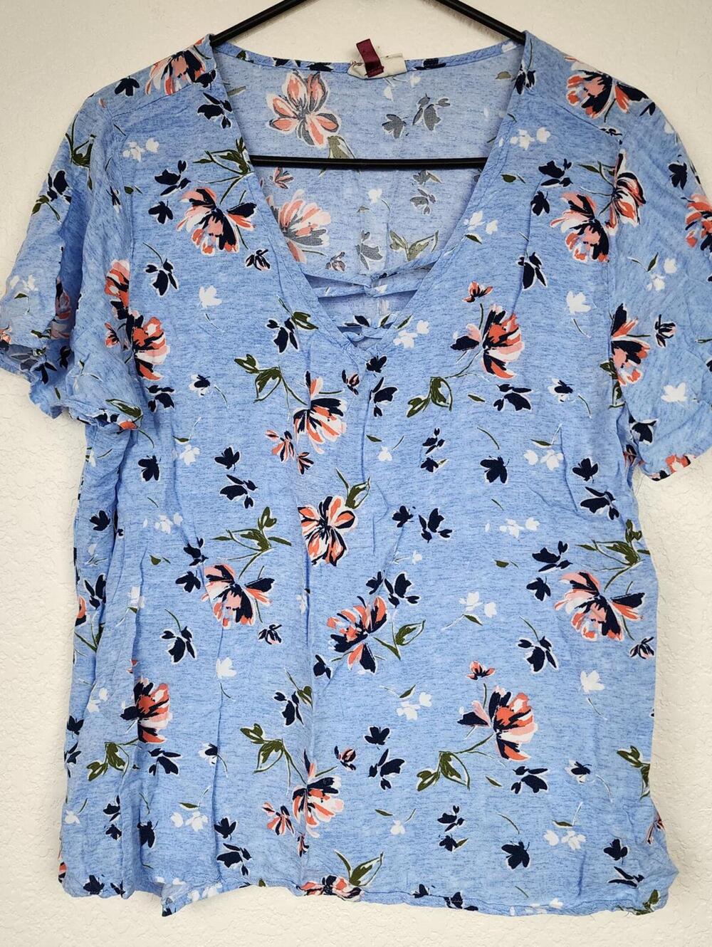 Strappy Neck XL Blue Floral Blouse